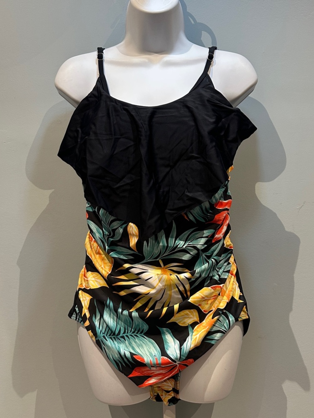Black Tropical Floral One-Piece Swimsuit XLarge NWOT